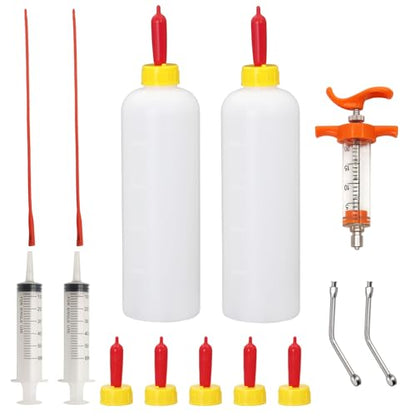 14PCS Lamb and Goat Kid Feeding Tube Kit Included 2 500ml Lamb Feeding Bottles 5 Milk Nipples 2 60ml Syringe with 2 16fr Red Feeding Tube Kit,1 20ML Reusable Goat Syringe with 2 Drench Nozzle (14)