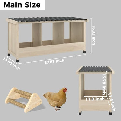 Chicken Nesting Box, 3 Holes Wooden Nesting Box, Hens-Wall Mounted or Floor Use, Chicken Coop Accessorie with PVC Roofing, Preventing Egg Falls, Easy to Assemble, Backyard and Farms - size: 37.8"L x 13.0"W x 16.9"H