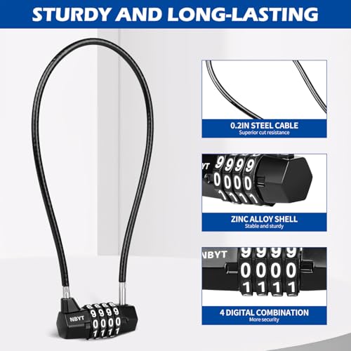 Cable Locks with Combination,Steel Cable Rope Wire 4-Digit Combination Lock with Resettable Code for Bikes, Lockers, File Cabinets, Wardrobes, Small Fences,gate Lock, Pool Padlock. - size: Span 7 in,Cable length 15*0.2 in