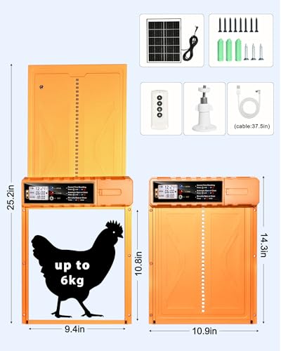 Automatic Chicken Coop Door Solar Powered - Auto Chicken Door 14.3″ x 10.9″ for Large Coop & Run, Anti-Pinch, Orange Aluminum Alloy with Secure Hidden Cable Slot, LCD Timer & Remote Control