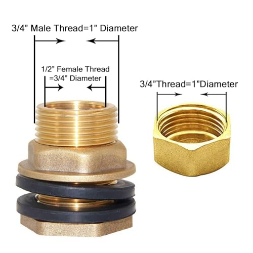 Joywayus Brass Male Bulkhead Kit Include 1/2" Female 3/4" Male Water Tank Connector Threaded And 3/4" Female Outer Hex Head End Pipe Caps with Rubber Gasket - size: 3/4" Male x 1/2" Female-1PCS