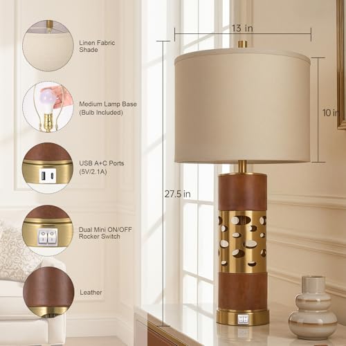 KIVDITZO 27.5" Rustic Living Room Table Lamps Set of 2 with Night Light, Leather Table Lamps with USB A+C Ports for Bedroom, Bedside Lamp with Linen Shade for Office Bedroom Nightstand(Bulb Included)