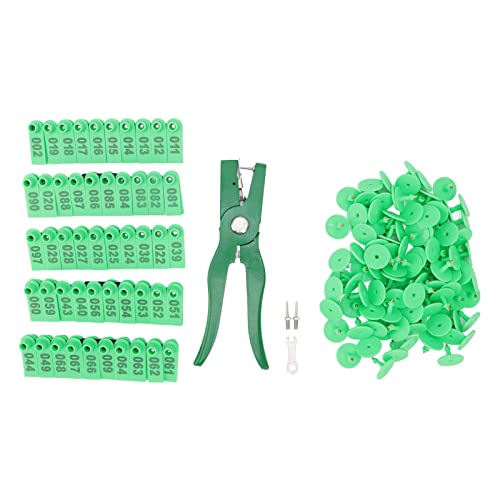 Sheep Ear Tag 001-100 Number, Plastic Livestock Ear Tags for Sheep Goat Cattle with Ear Tags Applicator Animal Identification Earring Tagger (Green)