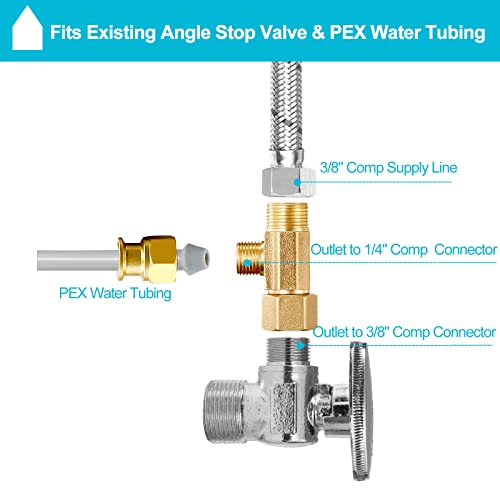 Tee Stop Valve - Lead-Free Add-A-Tee Valve 3/8 Inch x 3/8 Inch x 1/4 Inch,1/4 Turn，Add-A-Tee Adapter 3/8 Inch x 3/8 Inch x 1/4 Inch