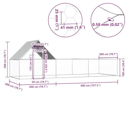 Galvanized Steel Chicken Coop Outdoor 19.7x6.6x6.6ft Silver Large Poultry House with Lockable Door & Water-Resistant Roof for Hens Ducks Rabbits - size: 19.7' x 6.6' x 6.6' (W x D x H)
