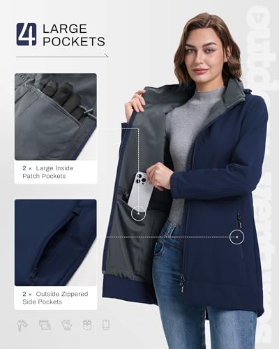 Outdoor Ventures Women's Softshell Jacket with Removable Hood Fleece Lined Windbreaker Insulated Long Warm Rain Jacket - color: Blue, size: X-Small