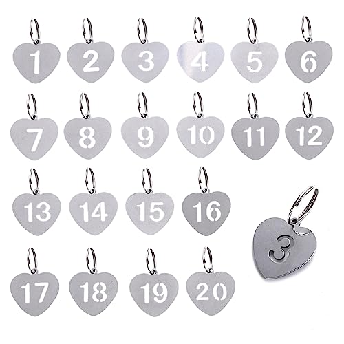 Stainless Steel 1-20 Numbered Key Tags with Labels - Silver Keychains for Dormitory Keys, House Lockers - color: Heart