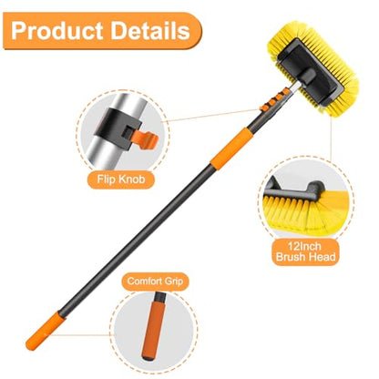 SISUPASSIE Car Wash Brush, 12FT Telescopic Car Wash Brush with Long Handle, 12-Inch Soft Bristle Car Cleaning Brush for Cleaning Car, RV, Truck, Boat, Solar Panels - size: 12FT