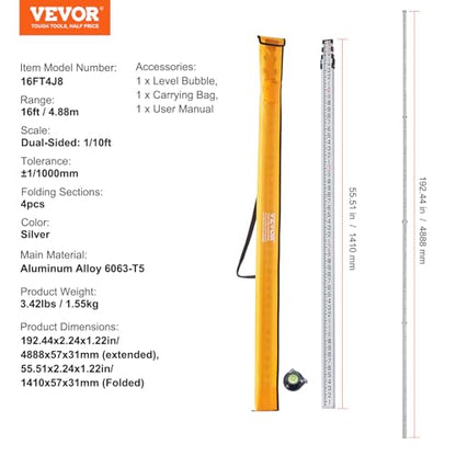 VEVOR Aluminum Grade Rod, 16-Feet/8ths 4 Sections Telescopic Measuring Rod,Double-Sided Scale 1/8in Leveling Rod Stick,Aluminum Alloy Survey Rod with Bubble Level &Carrying Bag for Houses,Walls,Floors - size: 16 FT-8ths