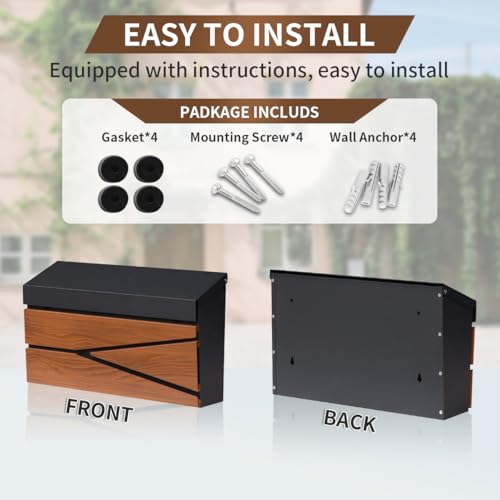 Ydocabinit Wall Mount Mailbox, Large Capacity Mailbox for House, Galvanized Steel Rust-Proof Metal Post Box Drop， Mailboxes for Outside, 15.74"×9.84"×4.33", Black Wooden Patterned Metal Sheet