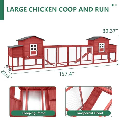 158" L Large Chicken Coop with Run, Chicken Hen House with Nesting Boxes, Wheels, Outdoor Indoor Mobile Rabbit Hutch, Poultry Cage for Chickens Ducks Bunny with Removable Tray, Ramp (Red) - size: 157.4"L x 22.0"W x 39.4"H