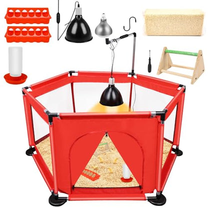 Chicks Brooder Box for Chicken Starter Kit- Includes Timing Heat Lamp Set, Detachable Chicken Brooder, Up to 15 Chicks, Sawdust, Chick Feeder and Waterer Set, Chick Perch 6-in-1 Chicken Coop Set.(Red)