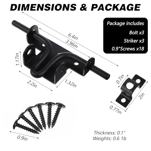 3-Pack Heavy Duty Slide Bolt Gate Latches with Padlock Hole – Rustproof Iron Sliding Locks for Wooden Fence, Shed Door, Barn & Outdoor Gates (Black, 6.4” x 2.3”)
