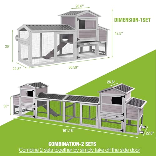 GUTINNEEN Chicken Coop 80in Mobile Chicken House with Run Portable Wooden Poultry Cage with Nesting Box Rabbit Hutch on Wheels,Movable