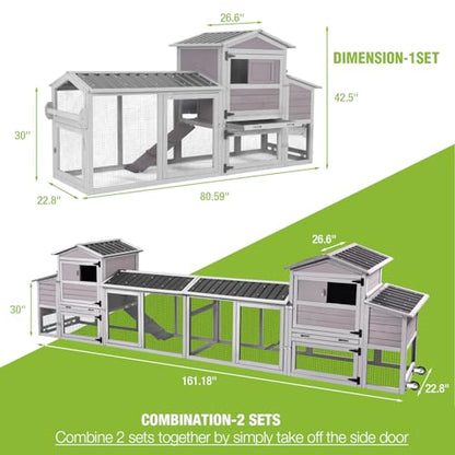 GUTINNEEN Chicken Coop 80in Mobile Chicken House with Run Portable Wooden Poultry Cage with Nesting Box Rabbit Hutch on Wheels,Movable