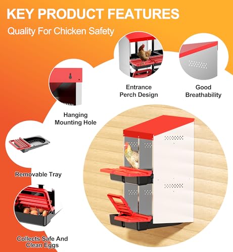 ZenxyHoC Two-Tier Chicken Nesting Boxes, Metal Chicken Egg Laying Box with Swing Perch and Rollout Egg Collection for Chicken Coop Red 4 Compartments - size: 4 Compartments