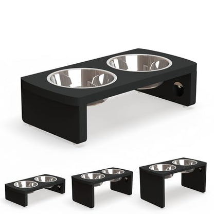 Elevated Dog Bowls, Bamboo Raised Dog Bowl for Small Dogs & Cats, with 2 Stainless Steel Bowls (4'' Tall-20oz Bowl, Black) - color: Black, size: Small: 4'' Tall-20 oz Bowl