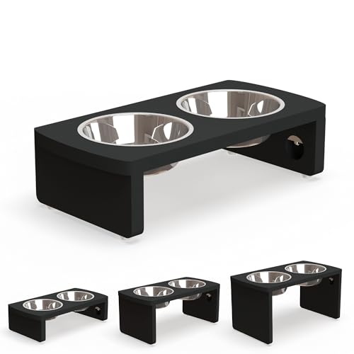 Elevated Dog Bowls, Bamboo Raised Dog Bowl for Small Dogs & Cats, with 2 Stainless Steel Bowls (4'' Tall-20oz Bowl, Black) - color: Black, size: Small: 4'' Tall-20 oz Bowl