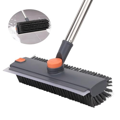 Floor Scrub Brush with 64" Long Handle - 360° Swivel Heads Household Push Brush with Squeegee and Right Angled Bristle for Cleaning Concrete Floors Grout Gardens Patio Deck Concrete Garage Heavy Duty