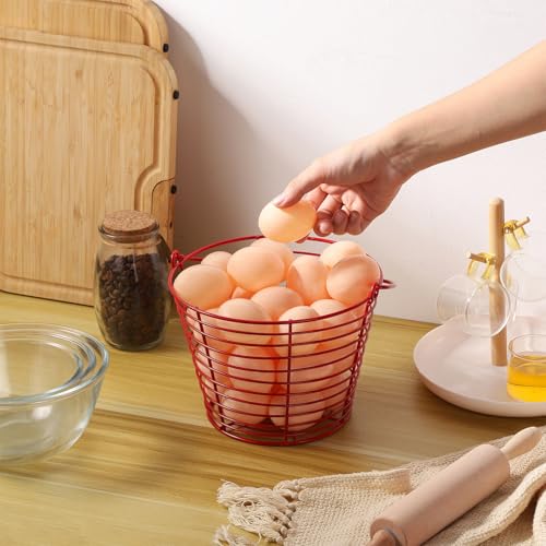 3 Pack 8 Inches Metal Mesh Wire Egg Collecting Basket with Handle Portable Garden Vegetable Fruit Storage Lightweight Hanging for Kitchen Farmhouse Gathering Picnic (Red-Thickened Version) - color: Red-Thickened Version