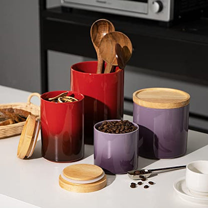 Sweejar Ceramic Food Storage Jar, Stackable Kitchen Canisters, Containers with Airtight Seal Wooden Lid for Serving Ground Coffee, Tea, Sugar, Salt and More - 16 Fl Oz (Gradient Purple) - color: Gradient Purple, style: 16 Fl Oz (4.1"x4.4")