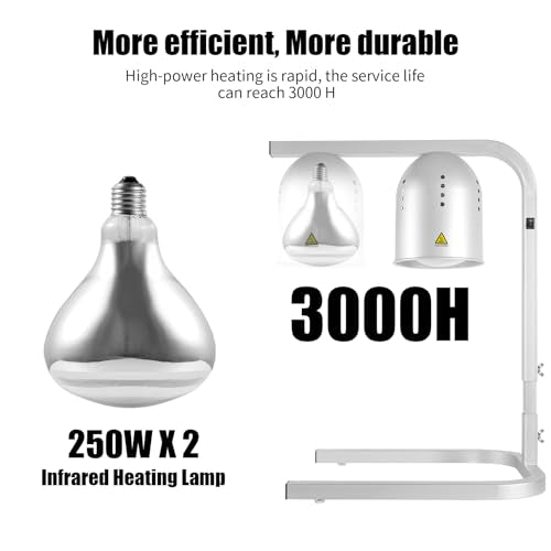 Heat Lamp for Food, with Two 250W Bulbs for Fast and Even Heating, Food Heat Lamp with Adjustable Height Stand, Commercial Food Warmer Lamp for Home, Fast Food Restaurant, Buffet, Bakery Silver - color: Silver