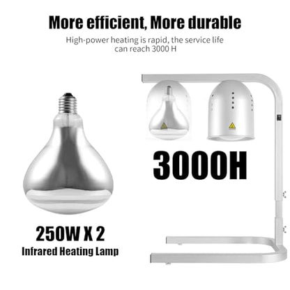 Heat Lamp for Food, with Two 250W Bulbs for Fast and Even Heating, Food Heat Lamp with Adjustable Height Stand, Commercial Food Warmer Lamp for Home, Fast Food Restaurant, Buffet, Bakery Silver - color: Silver