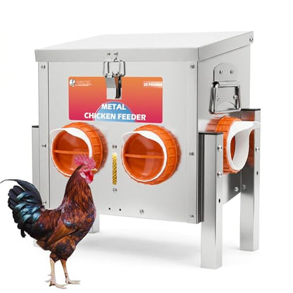 Automatic Chicken Feeder No Waste 25 Pounds 4 Ports Metal Poultry Feeder with Adjustable Legs Perspective Window Latch & Handle for Chickens Bantams Pheasants - size: 4 Ports - 25 LBS