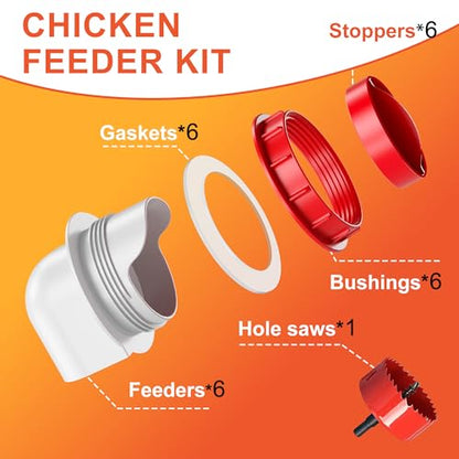 ZenxyHoC Chicken Feeders No Waste, DIY Automatic Poultry Feeder 6 Ports 1 Hole Saw with Covers Gravity Feed Kit for Buckets Barrels Bins Troughs - size: 6 Ports Standard