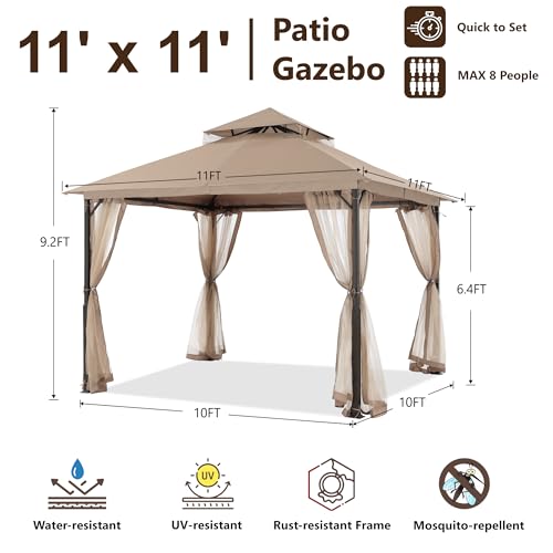 MASTERCANOPY Outdoor Patio Gazebo with Double Roofs, Stable Steel Frame and Mosquito Netting (11x11,Khaki) - color: Khaki, size: 11x11