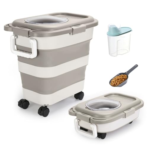 Beyoung 25-28lbs Airtight Dog Food Storage Containers with Wheels and Lids, Collapsible Pet Food Storage Bins with Handle, 50lb Rice Storage Bucket with Scoop, Dry Food Storage Bins (Khaki) - color: Khaki
