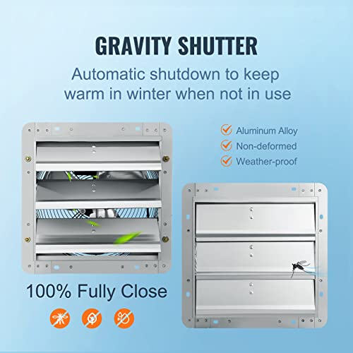 VEVOR 12'' Shutter Exhaust Fan, High-speed 1000 CFM, Aluminum Wall Mount Attic Fan with AC-motor, Ventilation and Cooling for Greenhouses, Garages, Sheds, Shops, FCC - size: 12 Inch