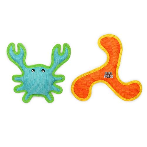 Tuffy® - DuraForce® : 2 Pack Crab & Boomerang Dog Toy: Ultra Durable Plush Toy with Multiple Layers & Reinforced Seams, Washable and Floats, DuraForce® Construction - color: Blue Crab Orange Boomerang