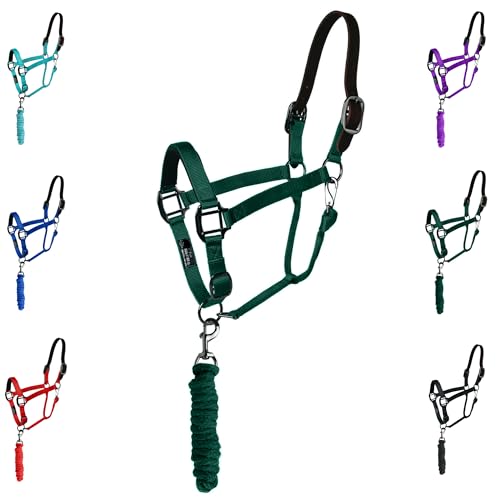Majestic Ally Leather Halter with Matching Lead Rope for Horses – Leather Breakaway Crown - Adjustable Chin Strap – Rolled Throat Latch – Padded Noseband – Full (Hunter Green, Full) - color: Hunter Green, size: Full