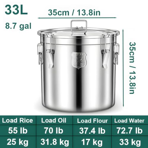 304 Tainless Steel Large Airtight Canister, 8.7Gal/33L Dog Food Storage Container with Lockable Lid Carry Handle for Kitchen Commercial Use Liquid Storage, Fermentation, Brewing - size: Standard 33L/8.7gal
