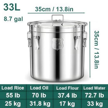 304 Tainless Steel Large Airtight Canister, 8.7Gal/33L Dog Food Storage Container with Lockable Lid Carry Handle for Kitchen Commercial Use Liquid Storage, Fermentation, Brewing - size: Standard 33L/8.7gal