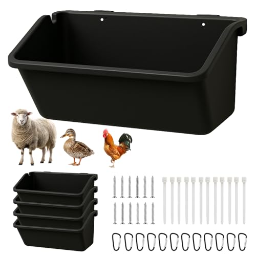 4 Pack Hanging Goat Feeder & Mineral Trough, 5 Qt Fence Feed Trough for Goats, Sheep, Ducks & Chickens, Plastic Farm Feed Bucket with Clips, Zip Ties & Screws, for Grain, Grit & Minerals - color: 4 Pack