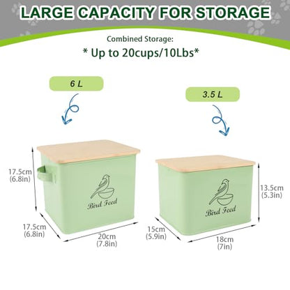Airtight Bird Seed Storage Container Set of 2, 10LB Metal Bird Food Container with Bamboo Lids,Wild Bird Seed Tin for Storing Sunflower Seed-Squirrel proof -Green - color: Green(Bird Feed)