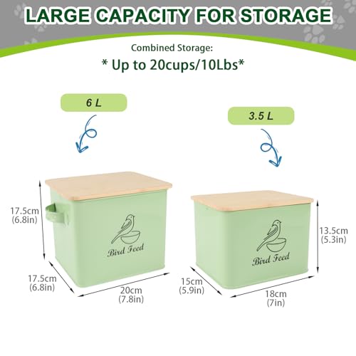 Airtight Bird Seed Storage Container Set of 2, 10LB Metal Bird Food Container with Bamboo Lids,Wild Bird Seed Tin for Storing Sunflower Seed-Squirrel proof -Green - color: Green(Bird Feed)