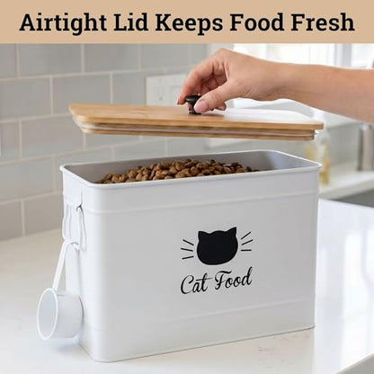 Cat Food Storage Container with Scoop - 15 lb (50 Cup) Capacity Metal Cat Food Container with Airtight Bamboo Lid & Metal Scoop - Airtight Pet Food Storage Containers - 15 lb Treats & Kibble Container - color: White