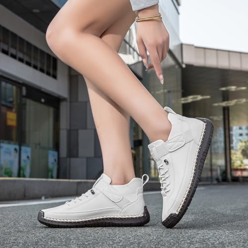 Womens Hand Stitching Leather Slip-On Ankle Boots with Adjustable Elastic Band Casual Lightweight Non-Slip Walking Loafers Retro High Top Flat Boat Shoes - color: White, size: 8 Wide