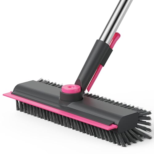 AIR U+ Floor Scrub Brush with Long Handle, 3 in 1 Scrape and Heavy-Duty Stiff Bristle Scrubber Brush for Cleaning Shower Bathroom, Patio, Pool, Garage, Kitchen, Wall and Deck, Gray and Pink - color: Gray and Pink, size: 1 PACK