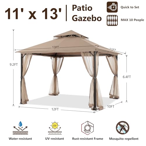 MASTERCANOPY Outdoor Patio Gazebo with Double Roofs, Stable Steel Frame and Mosquito Netting (11x13,Khaki) - color: Khaki, size: 11x13