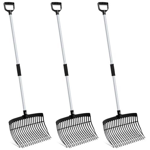 Lasnten 3 Sets Black Manure Fork with Long Metal Handle Pitch Fork Manure Rake Heavy Duty Muck Rake for Gardening Horse Stall Stable Grass Hay Cleaning Farm Work(D Shaped Grip) - color: Black