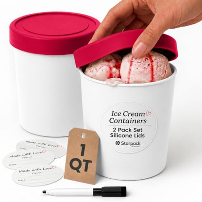 StarPack Freeze The Day Homemade Ice Cream Containers (2-Pack, 1 Quart) - Airtight Silicone Lids, BPA-Free Reusable Freezer Tubs with Dry Erase Pen and Labels - Stackable, Red and White - color: Red / White, size: 2-Pack 1Qt