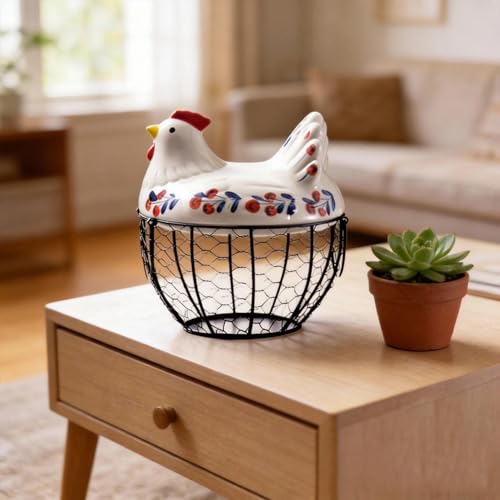 Ceramic Egg Basket Holds 25 Eggs-Keep Eggs Organized & Secure with This Chicken Design Storage Container - Perfect Kitchen Counter Decor, Handy Holder for Farm Fresh Eggs, Durable Iron Base Egg Organi