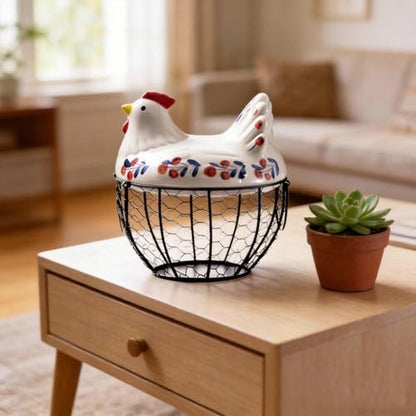 Ceramic Egg Basket Holds 25 Eggs-Keep Eggs Organized & Secure with This Chicken Design Storage Container - Perfect Kitchen Counter Decor, Handy Holder for Farm Fresh Eggs, Durable Iron Base Egg Organi