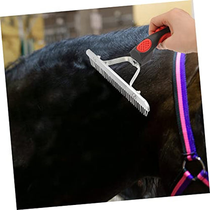 Ergonomic Rubber Handle Horse Hair Cleaning Comb Rake Non Slip Durable Grooming Brush for Removing Shed Fur and Soil Comfortable Grip Tool for Horse Grooming and Cleaning