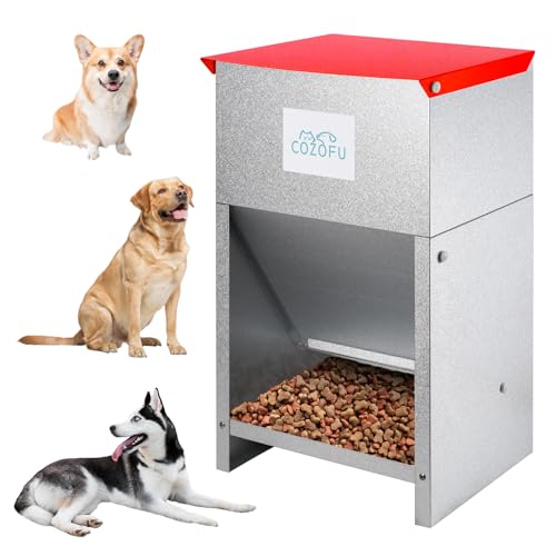 Dog Feeder - Galvanized Metal Pet Food Station for Indoor & Outdoor Use - Automatic Gravity-Fed Dispenser Suitable for Small, Medium, and Large Dog Breeds - Capacity: 25 Pounds of Dry Kibble - color: Red(25LB)(Feeder)