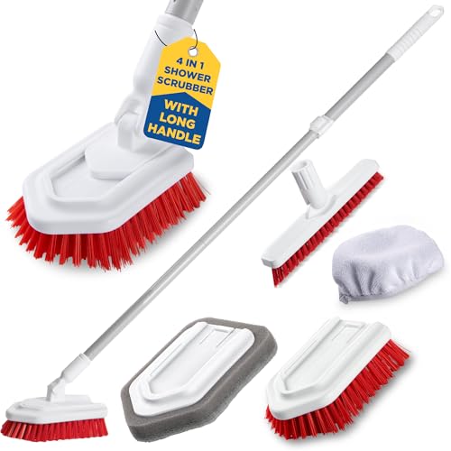 Shower Scrubber with Long Handle, Stiff Bristles Grout-Brush, Tub Scrub-Brush with Long-Handle, Shower-Cleaner Brush, Grout Cleaning Brush for Tile floors, Scouring Pad & Microfiber Cloth for Bathroom - color: White